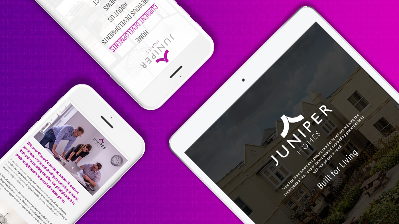 Image showing three different views of the juniper homes website on iPhone and iPad