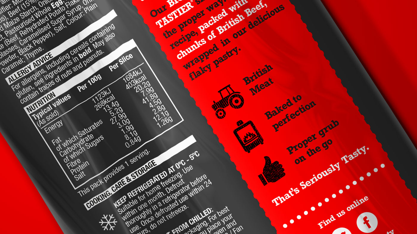 Closeup of back of back detail for Seriously Tasty packaging design showing icon design and brand application. 